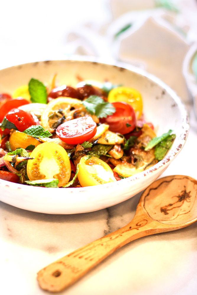 tomato and herb salad with roasted lemons