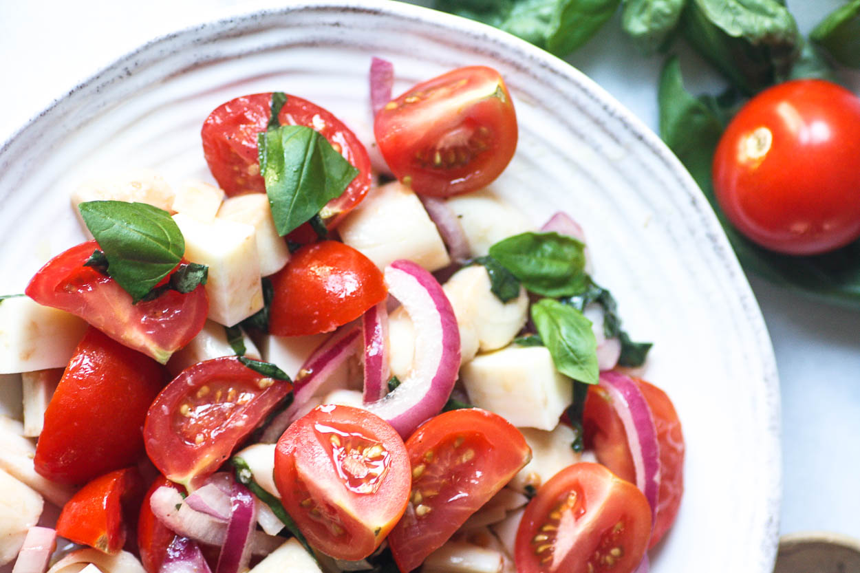 vegan caprese salad with hearts of palm